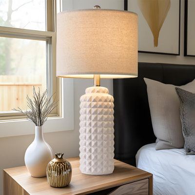 Modern Ceramic Table Lamp With Linen Shade - Elegant Bedside And Living Room Lighting For Home Decor
