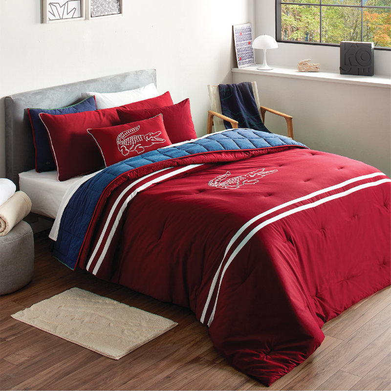 Ensemble d'édredon en coton 3 pièces Lacost Big Croc - rouge, 100% coton percale, ensemble de literie réversible avec taies de crocodile brodées