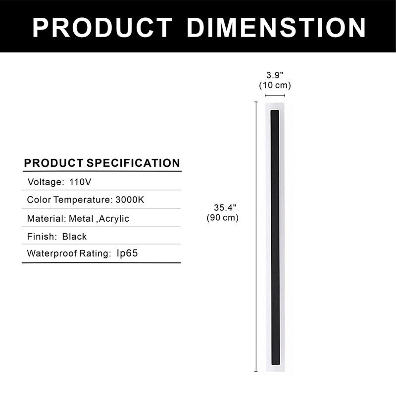 Aluminum Modern Linear IP65 Integrated LED Waterproof Hardwired Outdoor Wall Lights, Black/White, 35" H x 3" W x 1.8" D, 24