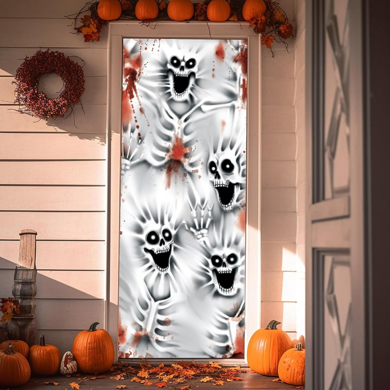 Décoration d'Halloween porte de squelette 3D, scène de maison hantée effrayante pour fête, garage, fenêtre et décoration murale