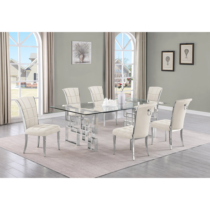 Ensemble de salle à manger rectangulaire L 95 po x l 46,00 po Solie, 7, Crème / argenté, Argent