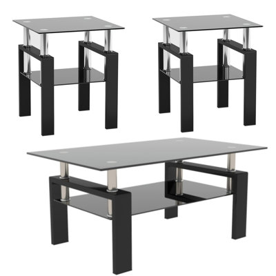 Esbeidy 3-Piece Living Room Table Set with Glass Top, Metal Legs & 2-Tier Storage Shelves, Includes 1 Coffee Table & 2 End Tables