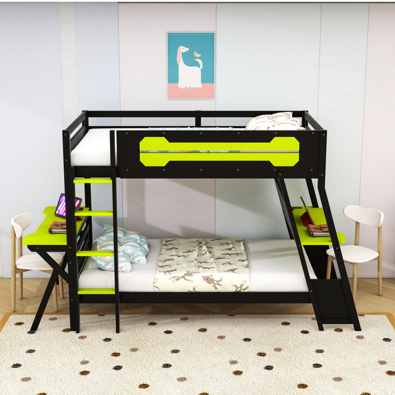 Lit superposé en bois avec ports de bureau USB, bureaux, organisateur de panneau perforé et échelle, Simple sur simple, Green
