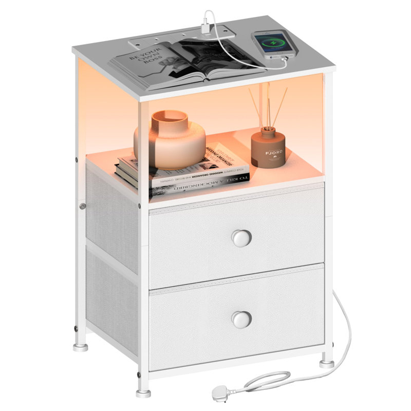 Bedside Table With Charging Station, LED Light And 2 Fabric Drawers