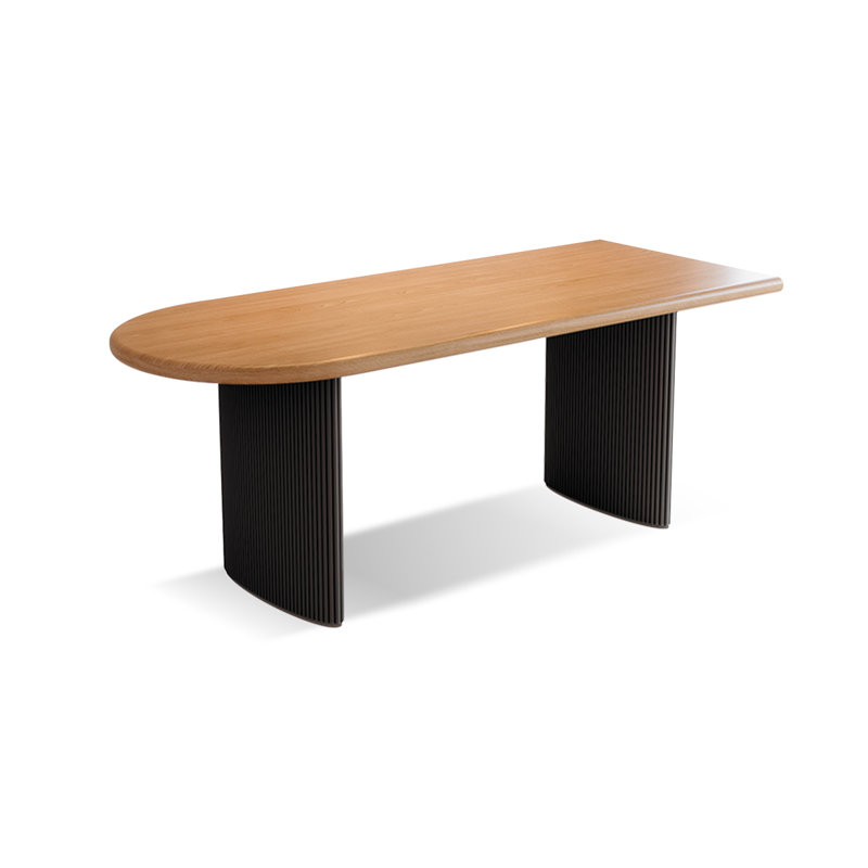 Nut-brown + Half-circle Solid Wood Dining Table, 29.53"H x 62.99"L x 31.5"W, Black