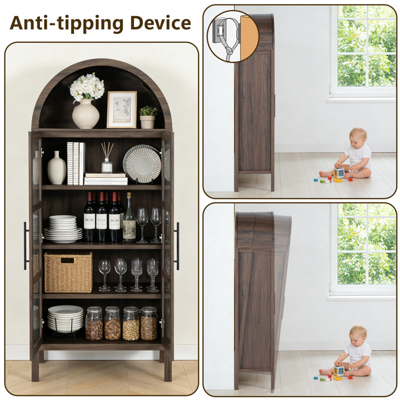 Set Of 2 Rustic Arched Cabinet Display Cabinet, Wood Kitchen Pantry Cupboard, 2 Arched Glass Doors,  With Storage And Adjustable Shelves For Dining Room, Living Room