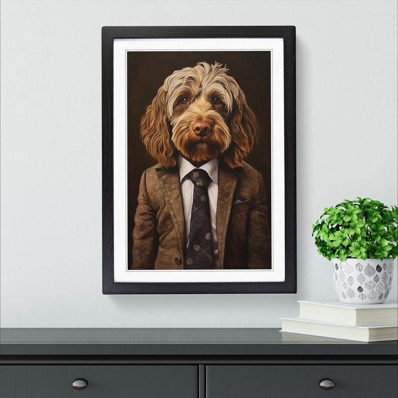 Cockapoo In A Suit Painting - Single Picture Frame Print on Wood, 64cm H x 46cm W x 2cm D, Black Framed