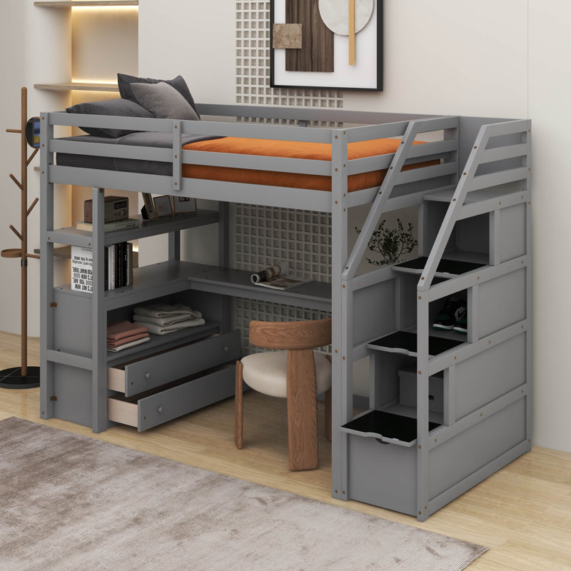 Lit mezzanine simple avec bureau et tablettes, Gris
