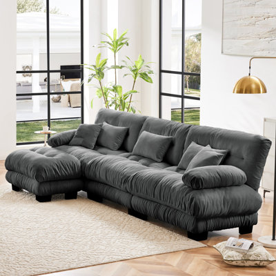 Gray Chenille Luxury Modular Sectional Couch, 3 - Seat Oversized L Shaped Cloud Couch With Comfortable Bolster , Convertible , Deep And Throw Pillows For Living Room Exquisite Vintage Velvet Fabric,