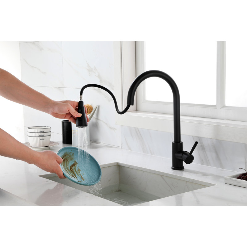 Modern Pull-Out Spray Kitchen Faucet In Matte Black, Stainless Steel Material For Long-Lasting Use And Style With Pull Out Spray, Black Steel, Single Easy Control Of Water Flow Temperature