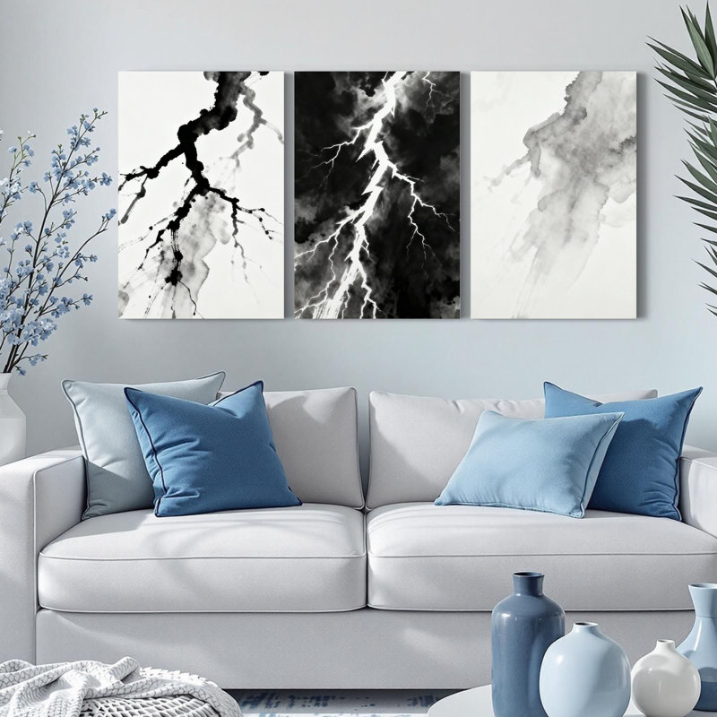 «Abstract Lightning Storm», impression sur toile tendue à l'encre noire et blanche (ensemble de 3), H 18 po x l 36 po