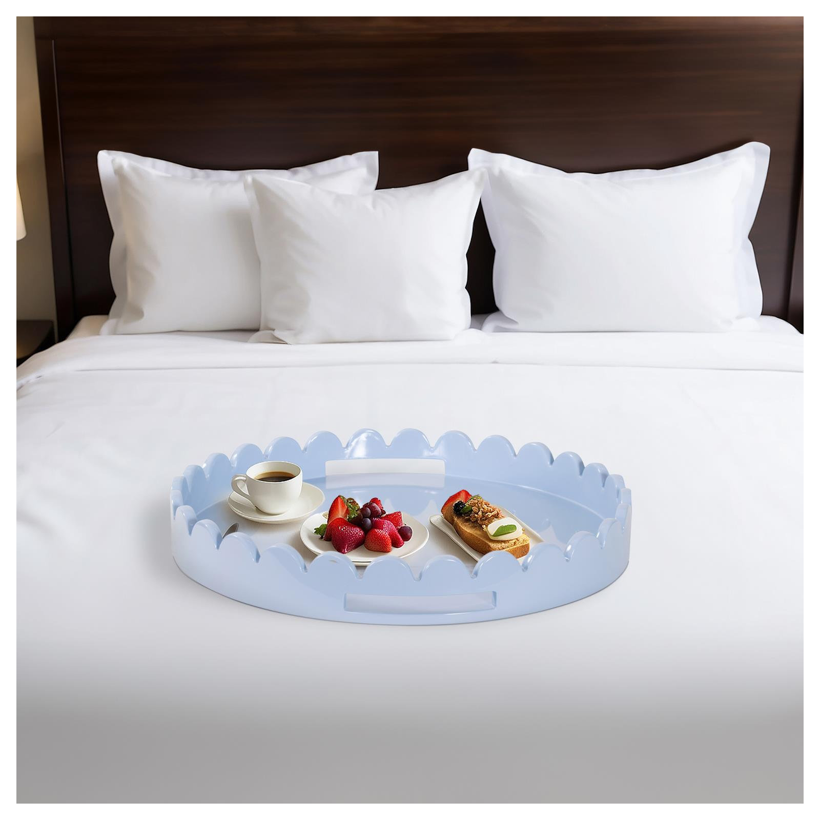Effa Hand-Crafted Round Scalloped Wood Tray, Blue Gray