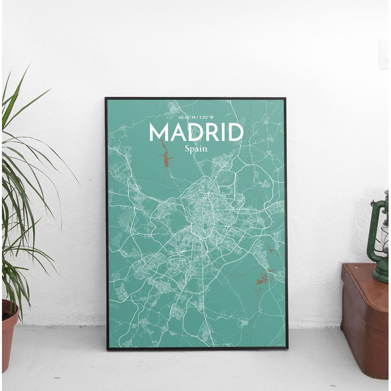 "Madrid City Map", affiche imprimée en nature, H 17 po x l 11 po x P 0,05 po