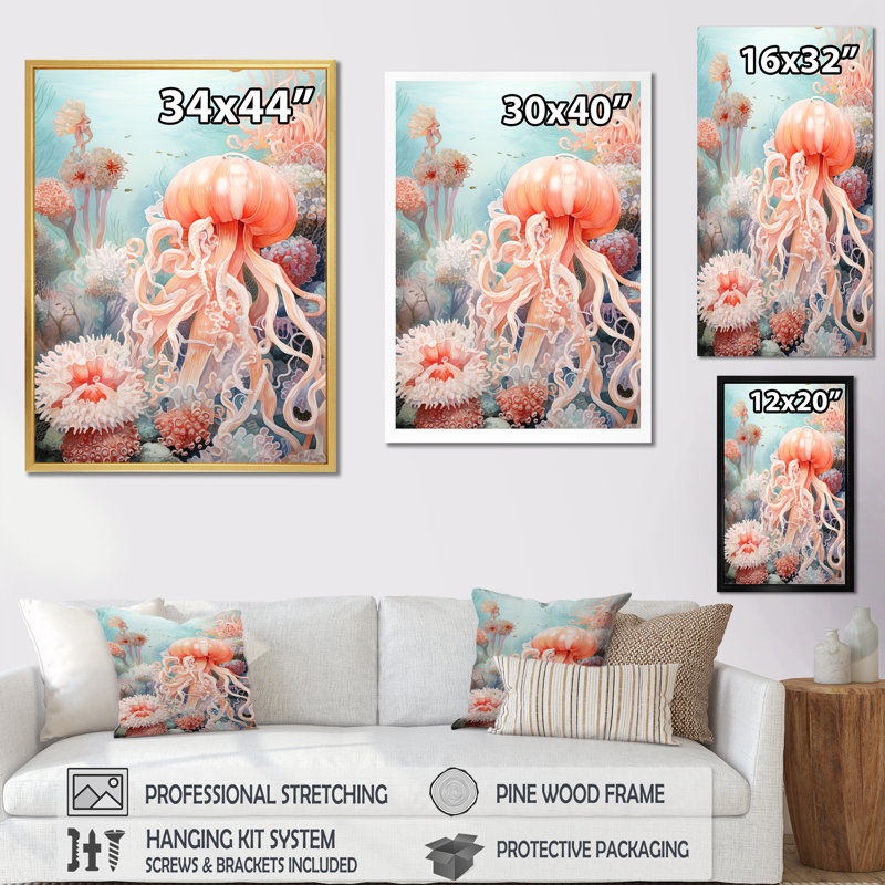 «Pink Jellyfish Undersea Wonders», reproduction sur toile, H 20 po x l 12 po, Toile tendue