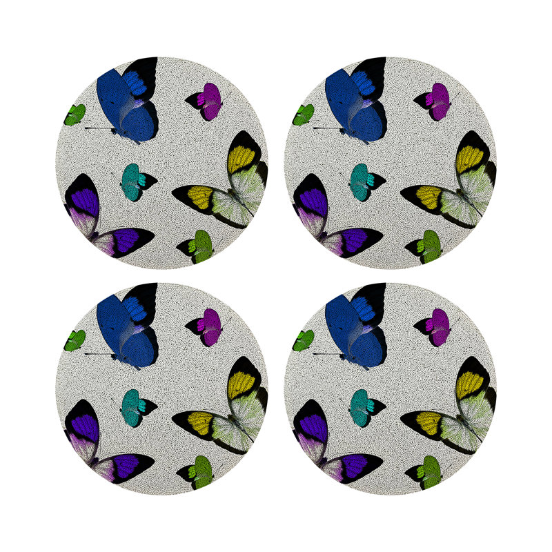 Butterflies Vegan Leather Round Pebble Placemat, Acid Blue