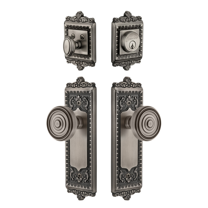 Windsor Long Plate Complete Entry Set with Single Cylinder Deadbolot and Soleil Knob, Polished Nickel, 2.75"