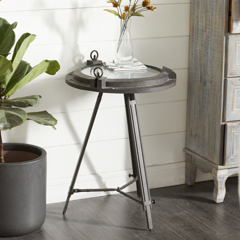 Wyble Metal Compass Side End Accent Table with Clock and Clear Glass Top, 24" H x 19" W x 19" W, Black