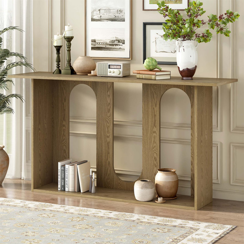 Modern And Curved Design Ash Veneer Console Table With Shelf, Ideal For Entryway, Hallway, Living Room, Foyer, And Corridor