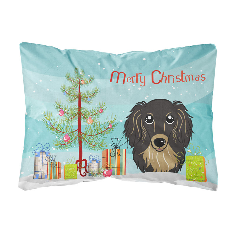  Coussin décoratif intérieur / extérieur Christmas Tree and Longhair Dachshund, Noir / brun clair