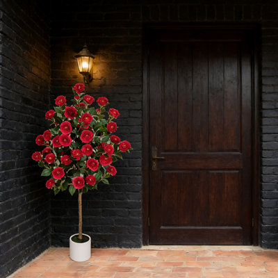5Ft Artificial Camellia Tree, UV Resistant, With White Planter