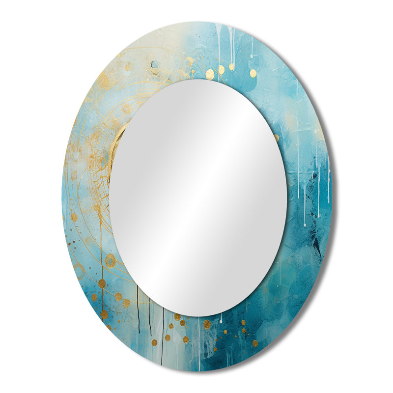 Teal Circular Sensitivity Retro Gold Watercolor - Abstract Oval Decorative Mirror On Metal, 43" x 33"