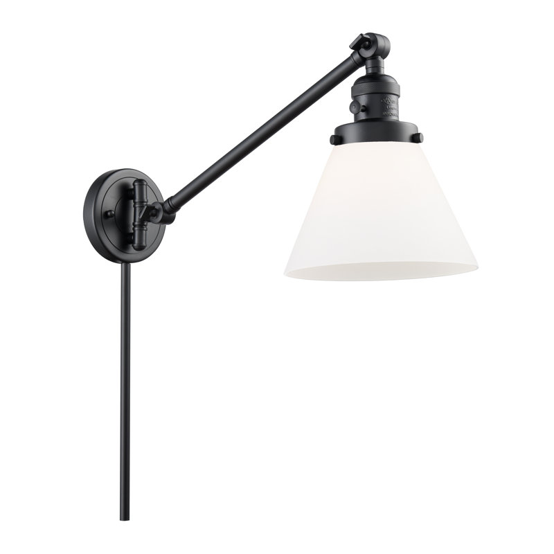 Lampe murale avec bras pivotant 1 lumière Cone, Ampoule incandescente rétro 60 watts, Boîtier blanc mat, Noir mat