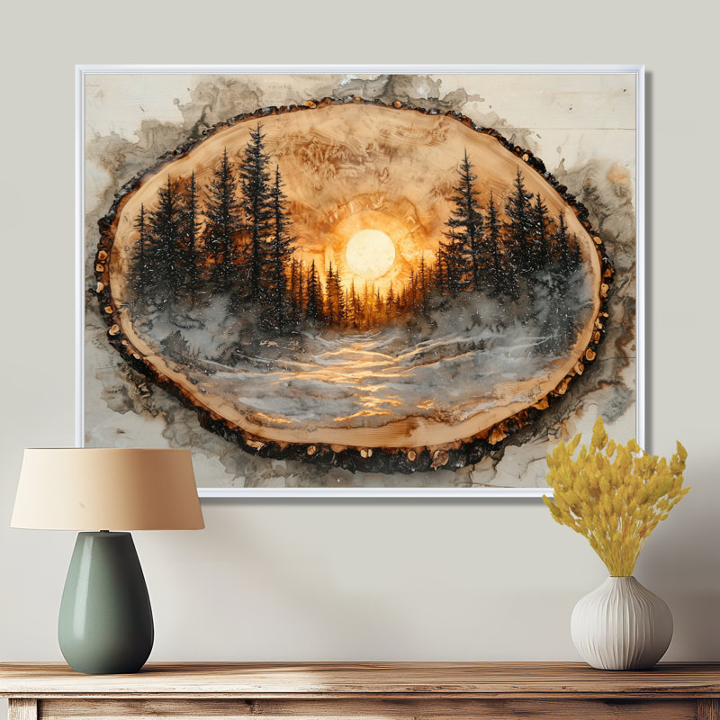 «Getzel Sunrise Pine Tree on Wooden Tree Slide II», art mural forêt, H 12 po x l 20 po, Impression encadrée flottante, Blanc