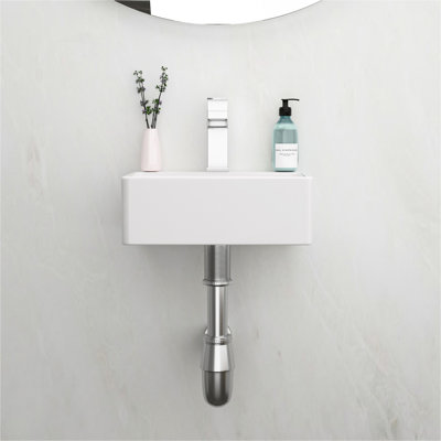 13.6x11.6 Inch White Ceramic Rectangle Wall Mount Bathroom Sink with Single Faucet Hole