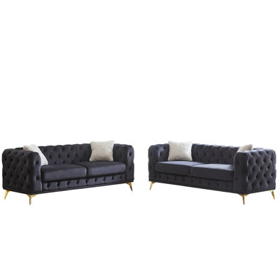 Stylish 6 - Seat Velvet With Hand Buttons, Spring Foam Seats And Solid Wood Frame Rolled Arms, Metal Feet Comfortable Cushions