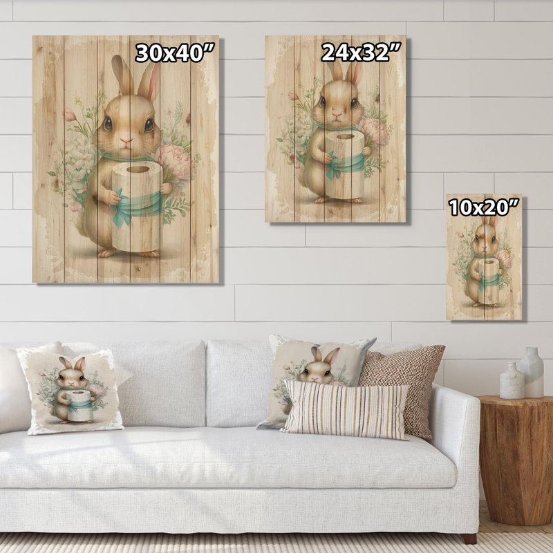 Harrietta Bunny avec rouleau de papier hygiénique et fleurs III - impression sans cadre sur bois