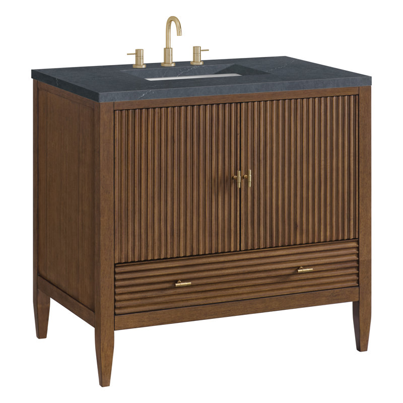 Myrrin 36'' W Single Vanity, Mid-Century Walnut, Charcoal Soapstone, 8" Widespread