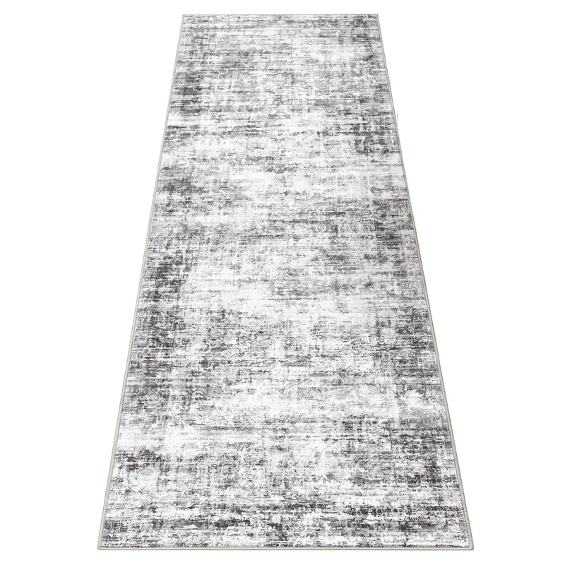Washable Area Rug, Vintage Distressed Low Pile Non-Slip Foldable Retro Abstract Indoor Floor Carpet, Grey, 2'x6', Gray