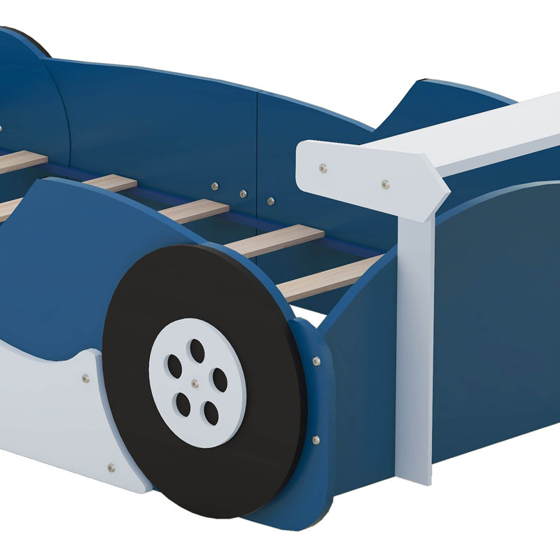 Unfinished Race Car-Shaped Platform Bed with Wheels, Twin, Blue