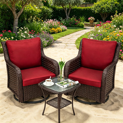 Ensemble de meubles de patio 3 pièces, chaises bistro d'extérieur pivotantes en osier et pivotantes avec coussins de 4 po d'épaisseur et table basse à 2 niveaux, idéales pour le porche, le balcon, la terrasse, le jardin et la piscine.