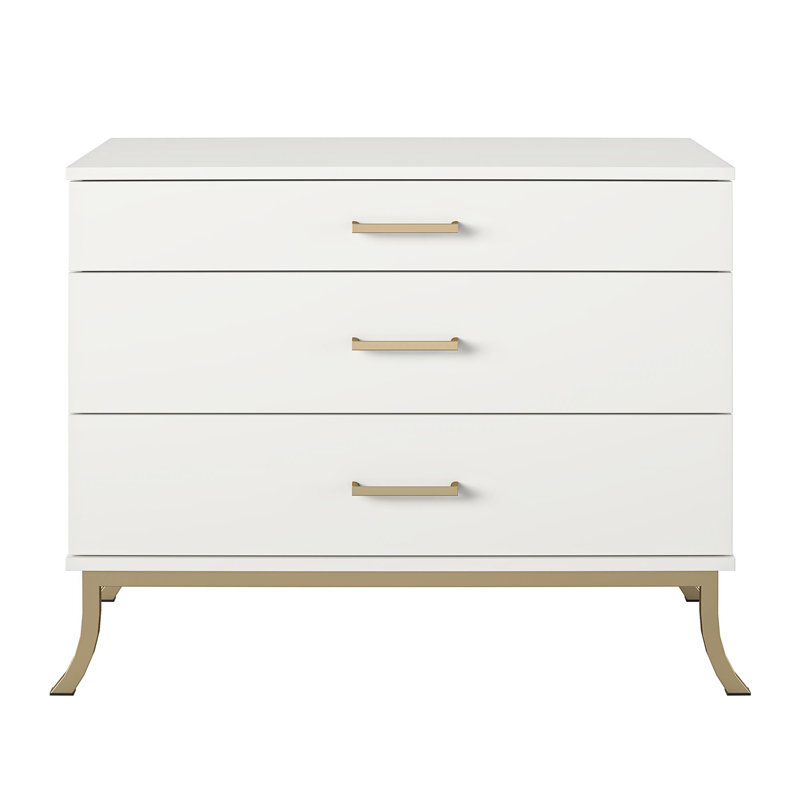 Petite commode à 3 tiroirs avec poignées barre Portishead, blanc et or