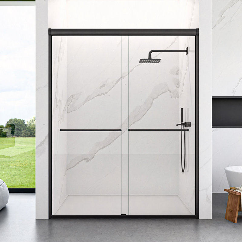 56"-60"W*72" H Semi-Frameless Double Sliding Shower Door, Shower Door, 1/4" (6Mm) Thick SGCC Tempered Glass Door, Matte Black