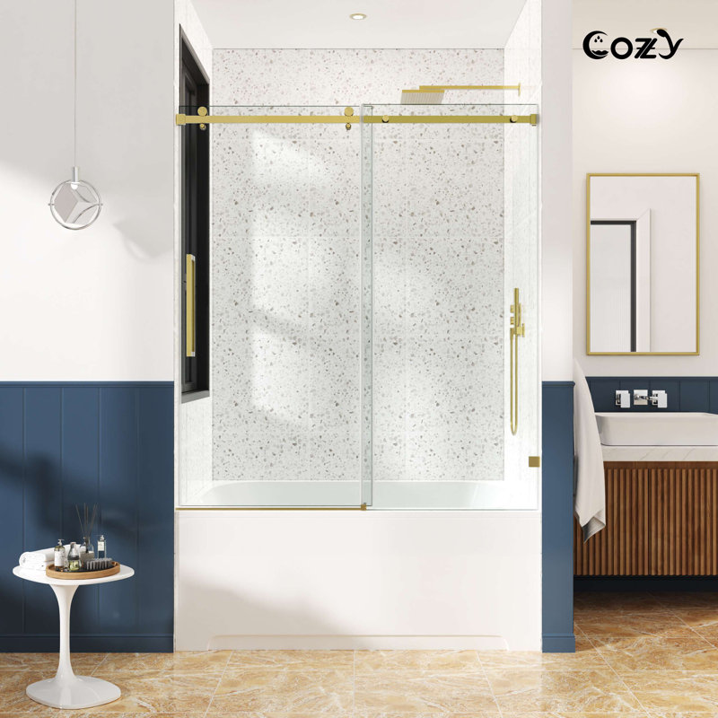 68-73" W x 60" H Frameless Single Sliding Tub Door with 3/8" (10mm) Clear Tempered Glass, Shatter-Resistant Film & Installation Hole Locator - Square Top Rail
