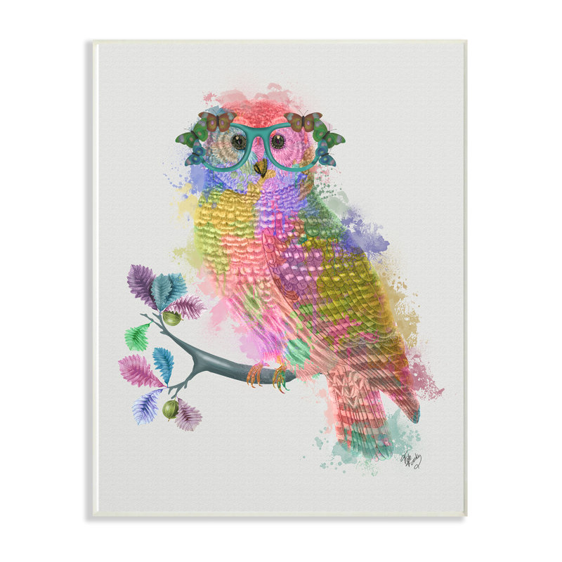 Rainbow Splash Owl dans des verres, Plaque murale, H 15 po x l 10 po x P 0,5 po