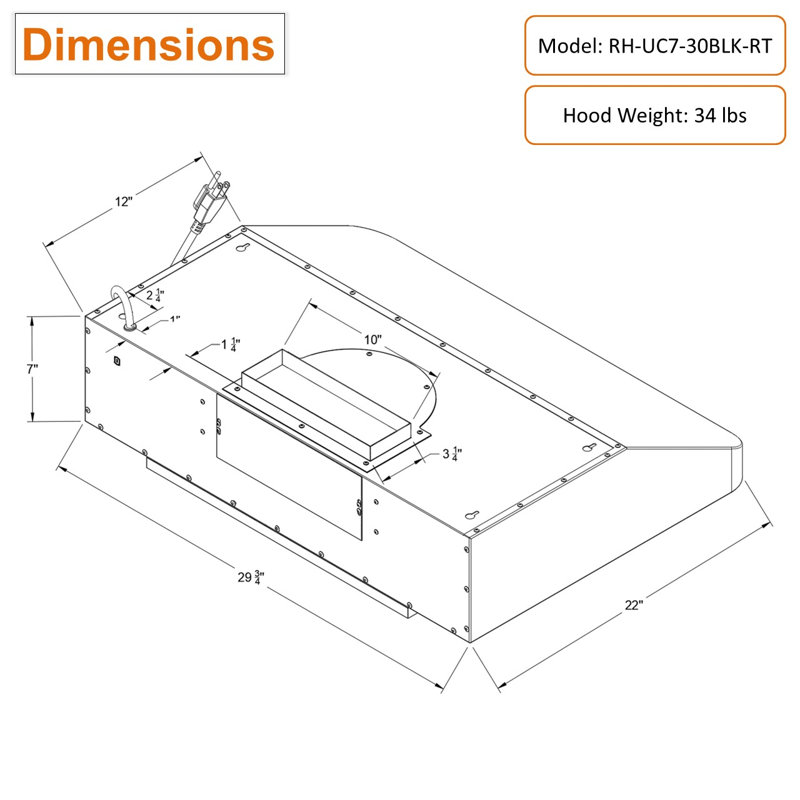 Hotte sous un meuble avec conduit à conduit 30 "avec filtre à chicane et lumière incluse Awoco RH-UC7-30BLK 900" noir