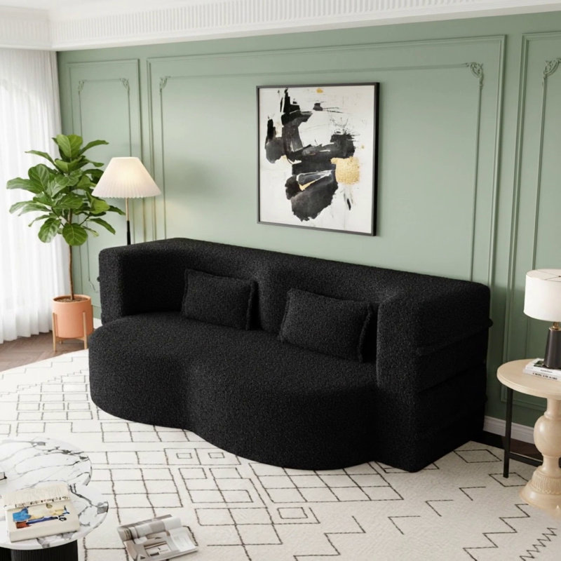 Canapé-lit convertible en tissu avec 2 coussins Modern, Tissu noir