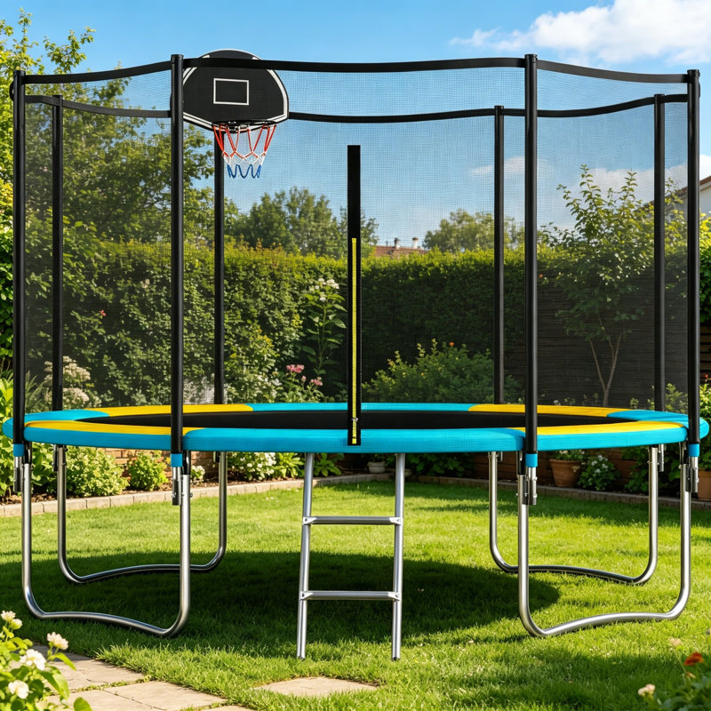 SENCHO GINSYTALIOR Round Backyard Trampoline with Safety Enclosure, Aqua/Orange