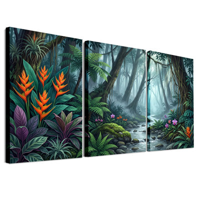 Ensemble de 3 toiles tropicales dans la jungle tropicale avec fougères et orange