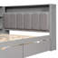 Lit double en bois avec plusieurs unités de rangement, charge, DEL, bureau et cadre de tête de coussin rembourré gris élégant, station de charge, tête de lit confortable-121077159-121077157