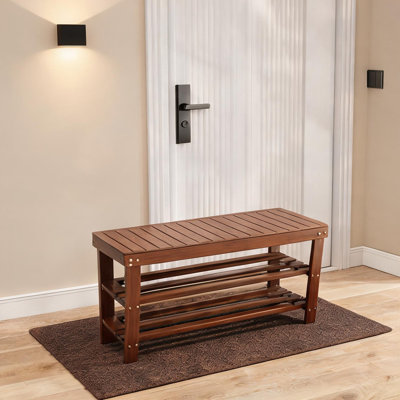 Étagère à chaussures et tabouret en bambou à finition bois naturel à 3 niveaux, 90 cm de large, peut contenir 12 paires, autoportant pour le vestibule