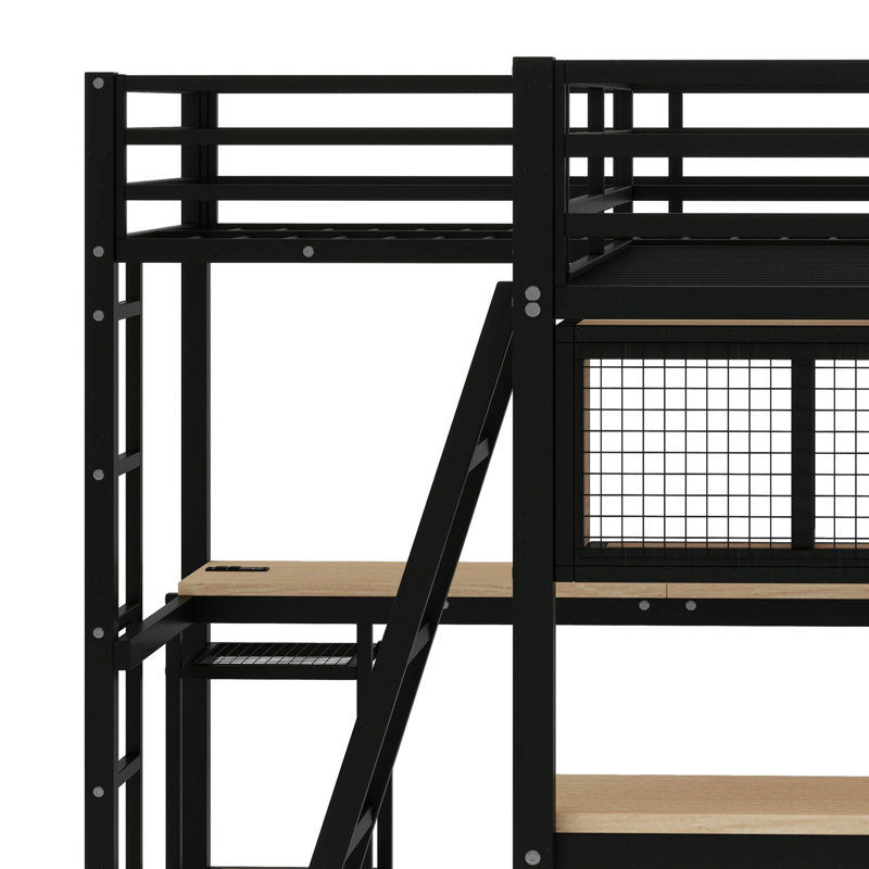 Twin Size Metal L-Shaped Loft Bed – LED Lights, Storage Shelves, 2 Charging Stations & 2 Built-In Desks