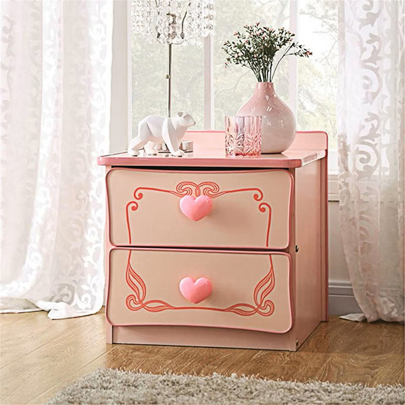 Charming Wooden Nightstand With Heart-Shaped Drawer Pulls And Delicate Accents, Perfect For A Princess Room.
