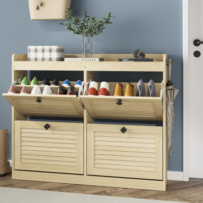 Rangement pour chaussures étroit avec 4 tiroirs rabattables, pieds en bois et étagère à chaussures dissimulée pour le couloir, salon et salle à manger - naturel