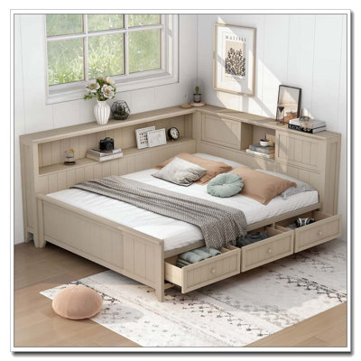 Full Size Wood Daybed with Storage Shelves and 3 Drawers