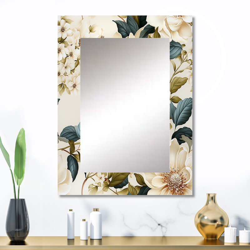 Afsaar crème délicat coquelicots fleurs - miroir mural floral, miroir décoratif floral, impression d'art en métal