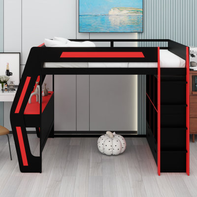 Lit mezzanine tout-en-un avec bureau, lumières RVB intelligentes et ports USB, tiroirs de rangement, escalier de sécurité pour adolescents et adultes